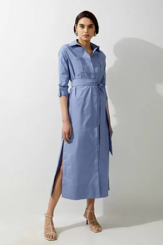 New Karen Millen Poplin Dropped Sleeve Woven Belted Shirt Dress blue