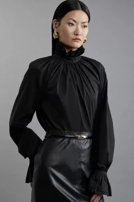 Store Karen Millen Poplin High Neck Ruffle Neck And Cuff Detail Woven Blouse black