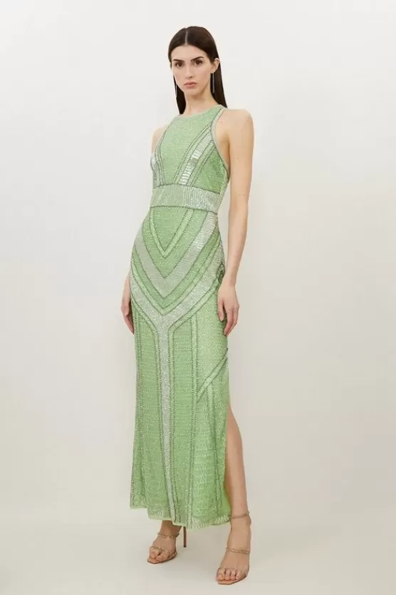 New Karen Millen Premium Beading And Embellished Woven Halterneck Maxi Dress green