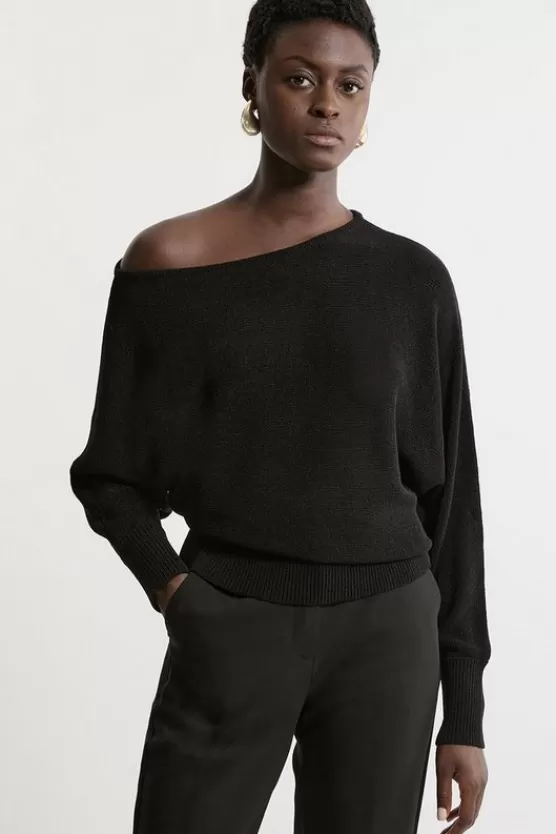 Best Karen Millen Premium Corded Open Stitch Off The Shoulder Knit Sweater black