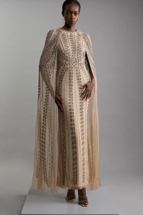 Fashion Karen Millen Premium Embellished Cape Maxi Dress nude