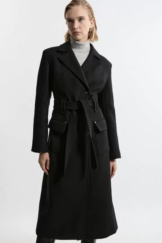 Flash Sale Karen Millen Premium Italian Manteco Wool Belted Tailored Midaxi Coat black