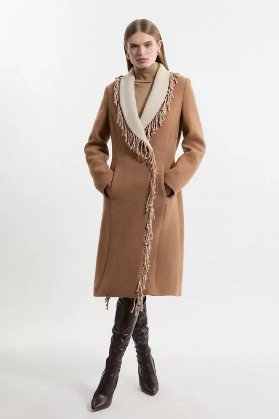 Sale Karen Millen Premium Italian Manteco Wool Blend Fringe Collar Tailored Maxi Coat camel