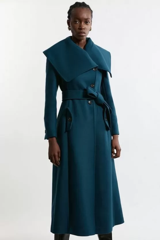 Shop Karen Millen Premium Italian Manteco Wool Cape Full Skirted Belted Maxi Coat teal