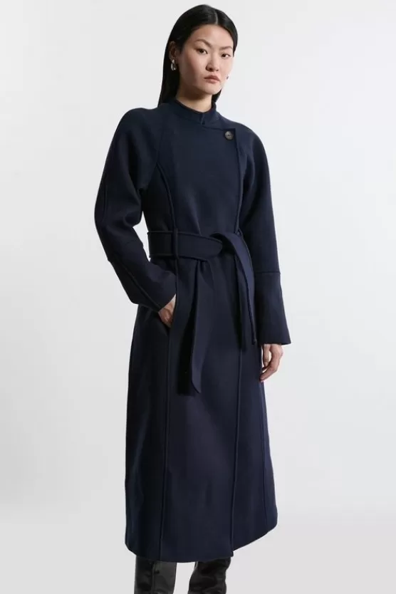 Sale Karen Millen Premium Italian Manteco Wool Collarless Belted Tailored Maxi Coat navy
