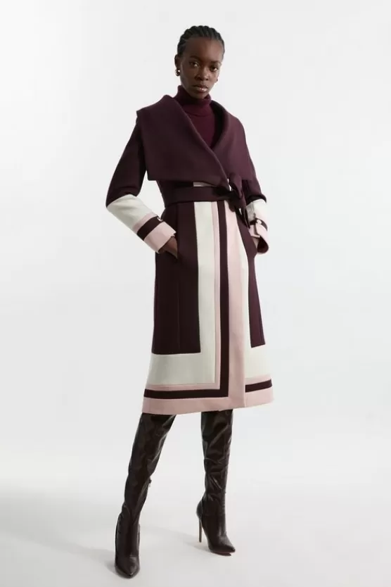 Best Sale Karen Millen Premium Italian Manteco Wool Color Block Border Detail Tailored Wrap Midi Coat wine