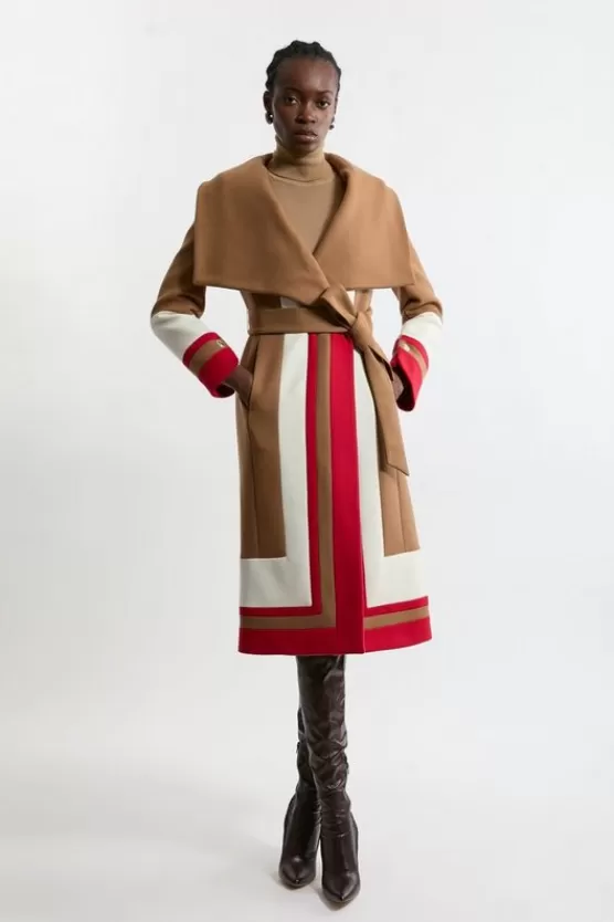 Outlet Karen Millen Premium Italian Manteco Wool Color Block Border Detail Tailored Wrap Midi Coat camel