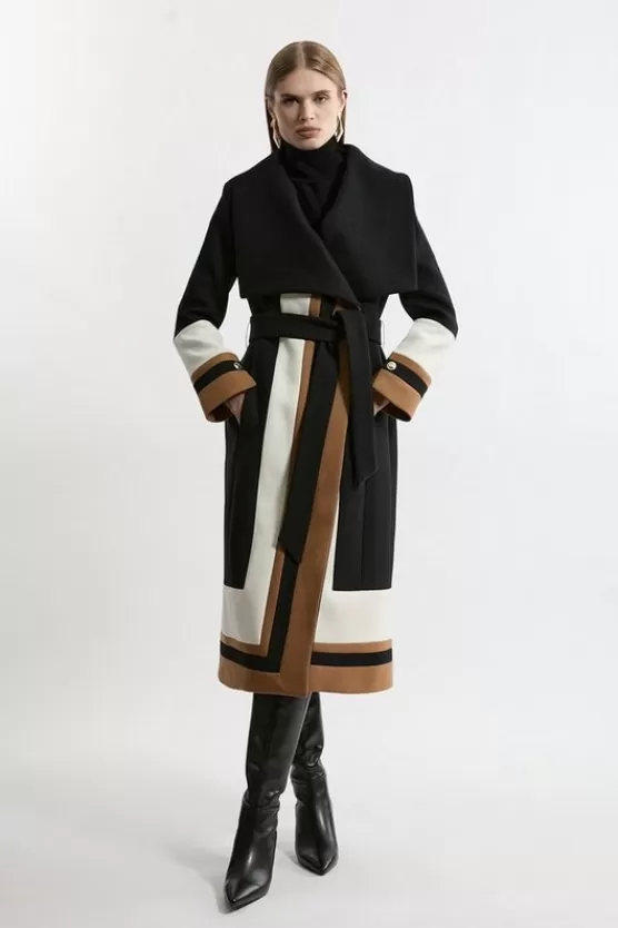 Shop Karen Millen Premium Italian Manteco Wool Color Block Border Detail Tailored Wrap Midi Coat mono