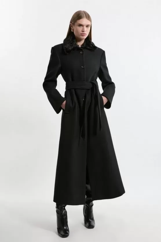 Best Sale Karen Millen Premium Italian Manteco Wool Detachable Faux Fur Collar Belted Tailored Maxi Coat black