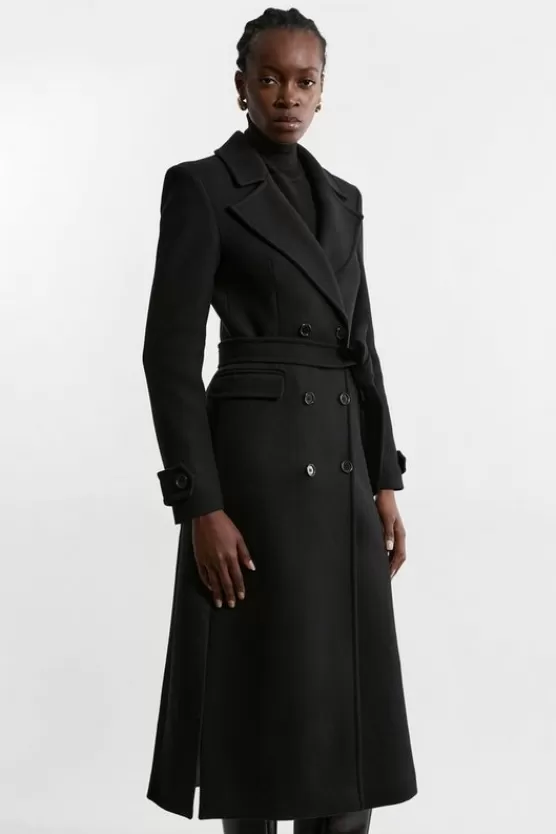 Store Karen Millen Premium Italian Manteco Wool Double Breasted Belted Tailored Midaxi Coat black