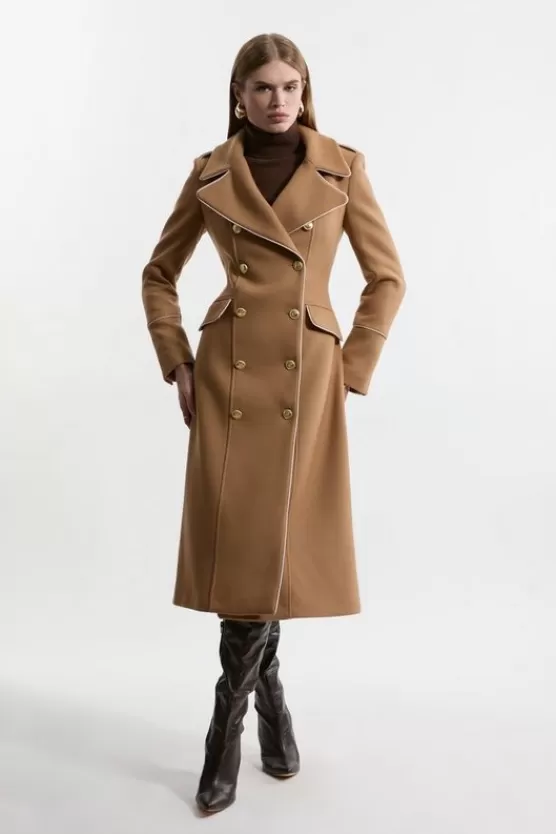 Cheap Karen Millen Premium Italian Manteco Wool Double Breasted Tailored Midi Coat camel