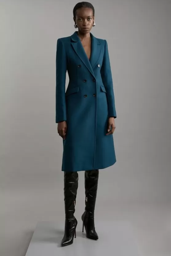 Outlet Karen Millen Premium Italian Manteco Wool Fitted Tailored Midi Coat teal