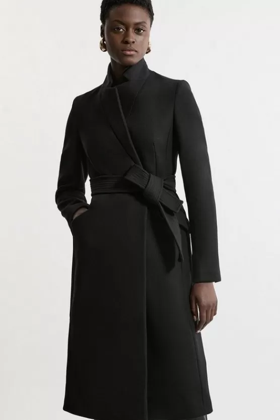 Best Karen Millen Premium Italian Manteco Wool Investment Notch Neck Tailored Midi Coat black