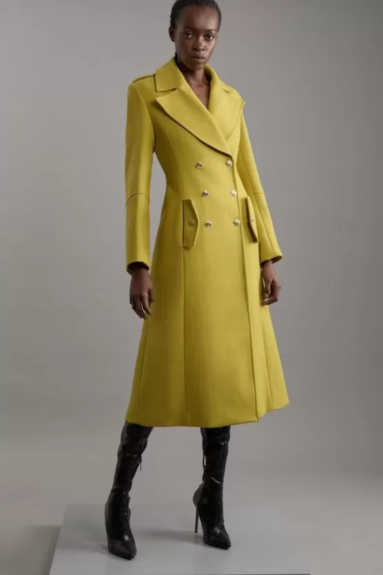 Shop Karen Millen Premium Italian Manteco Wool Military Double Breasted Tailored Midaxi Coat mustard