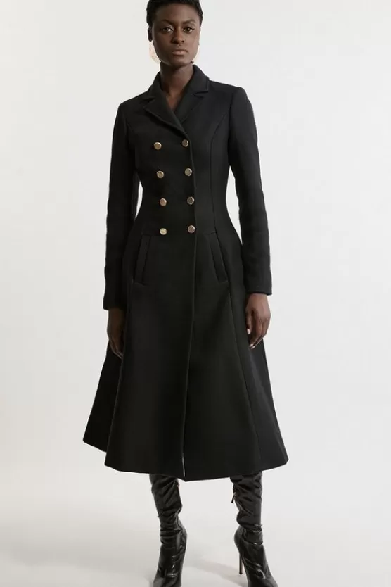 Best Sale Karen Millen Premium Italian Manteco Wool Military Full Skirted Tailored Midaxi Coat black