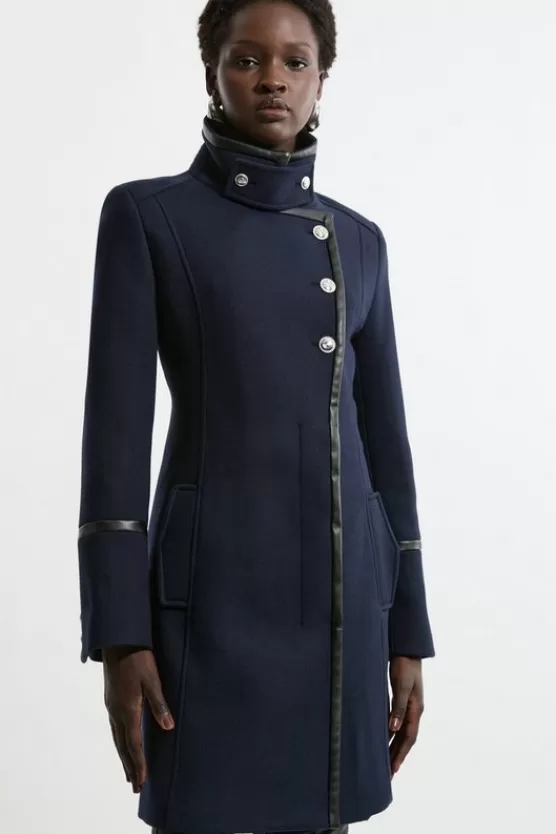 Clearance Karen Millen Premium Italian Manteco Wool Military Funnel Neck Tailored Short Coat navy