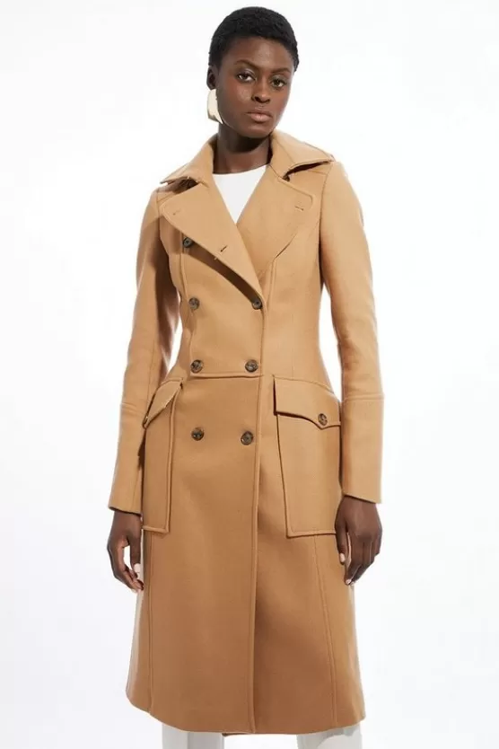 Best Sale Karen Millen Premium Italian Manteco Wool Military Midi Coat camel