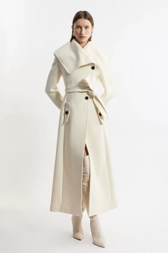 Store Karen Millen Premium Italian Manteco Wool Oversize Collar Full Skirted Belted Tailored Midaxi Coat ivory