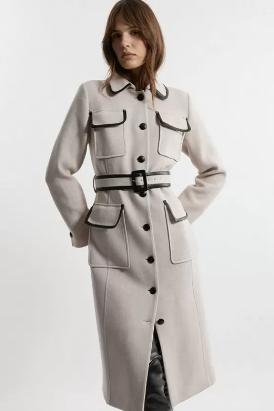 Clearance Karen Millen Premium Italian Manteco Wool Pocket Detail Belted Pu Tipped Tailored Midaxi Coat oatmeal