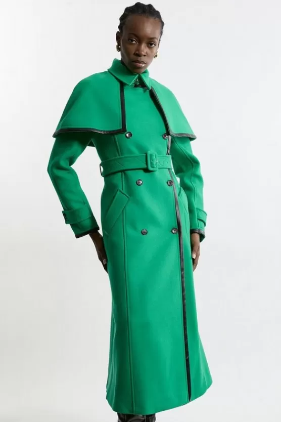 Fashion Karen Millen Premium Italian Manteco Wool Pu Tipped Storm Flap Cape Full Skirted Tailored Midaxi Coat emerald