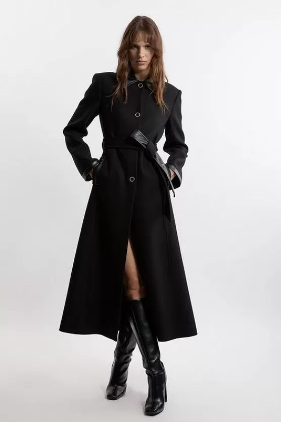 Outlet Karen Millen Premium Italian Manteco Wool Pu Trim Belted Tailored Maxi Coat black