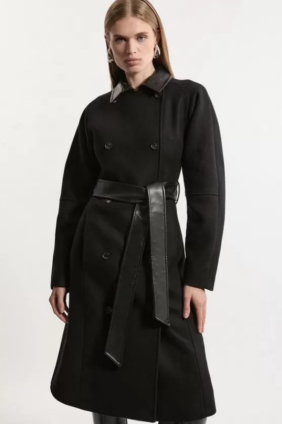 Best Karen Millen Premium Italian Manteco Wool Rounded Sleeve Belted Tailored Midi Coat black