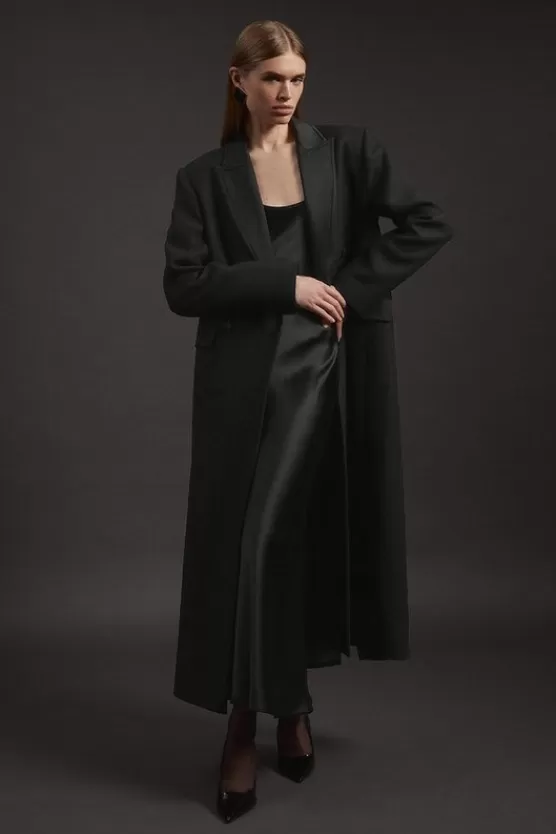 Cheap Karen Millen Premium Italian Manteco Wool Satin Collar Double Breasted Tailored Maxi Coat black