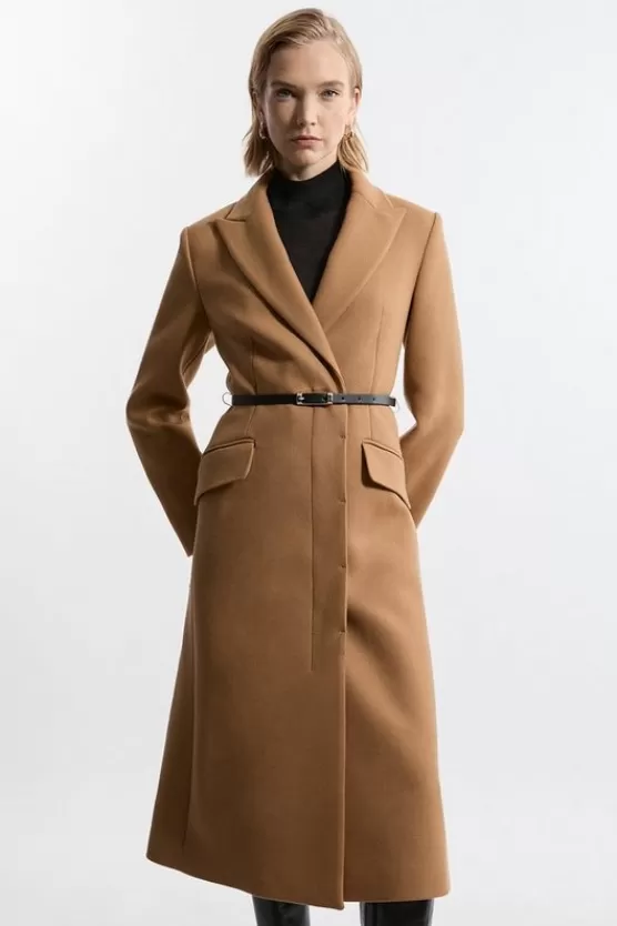 Store Karen Millen Premium Italian Manteco Wool Single Breasted Belted Tailored Maxi Coat camel