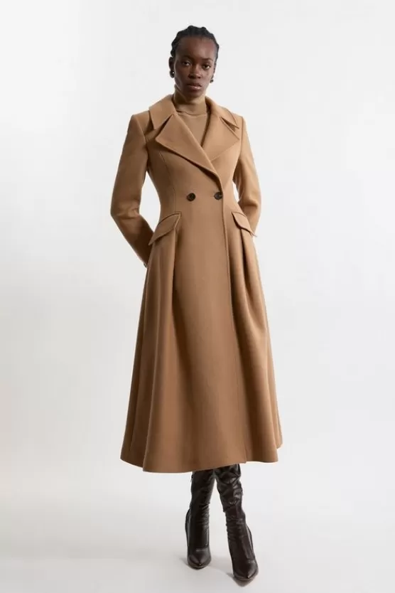 Sale Karen Millen Premium Italian Manteco Wool Tailored Flared Skirt Midaxi Coat camel