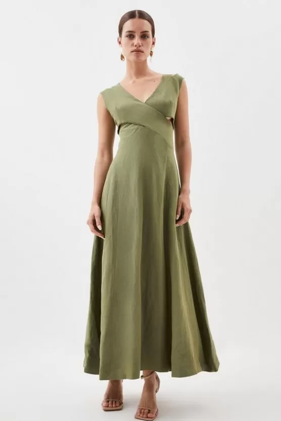 Hot Karen Millen Premium Linen Petite Open Back V Neck Woven Midi Dress khaki