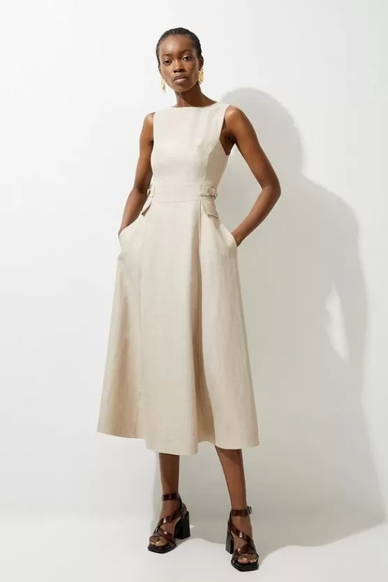 Store Karen Millen Premium Linen Tab Waist Detail Full Skirt Tailored Midi Dress natural