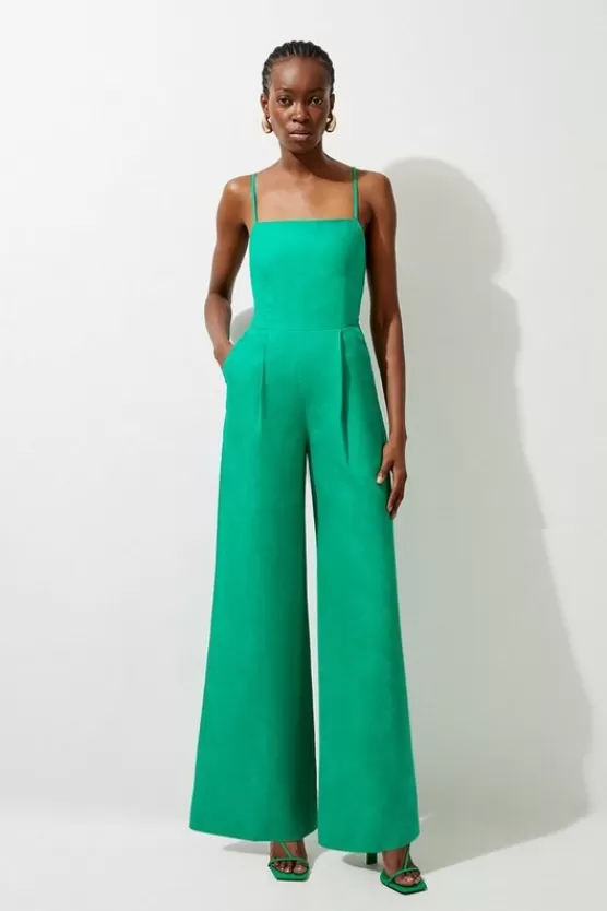 Cheap Karen Millen Premium Linen Tailored Halterneck Corset Back Wide Leg Jumpsuit green