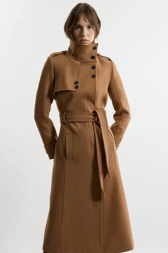 Sale Karen Millen Premium ltalian Manteco Wool Belted Funnel Neck Tailored Midaxi Coat camel