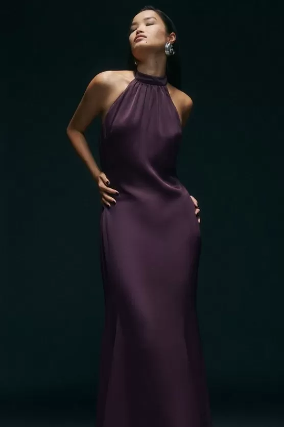 Best Sale Karen Millen Premium Satin Halter Neck Tailored Maxi Dress plum