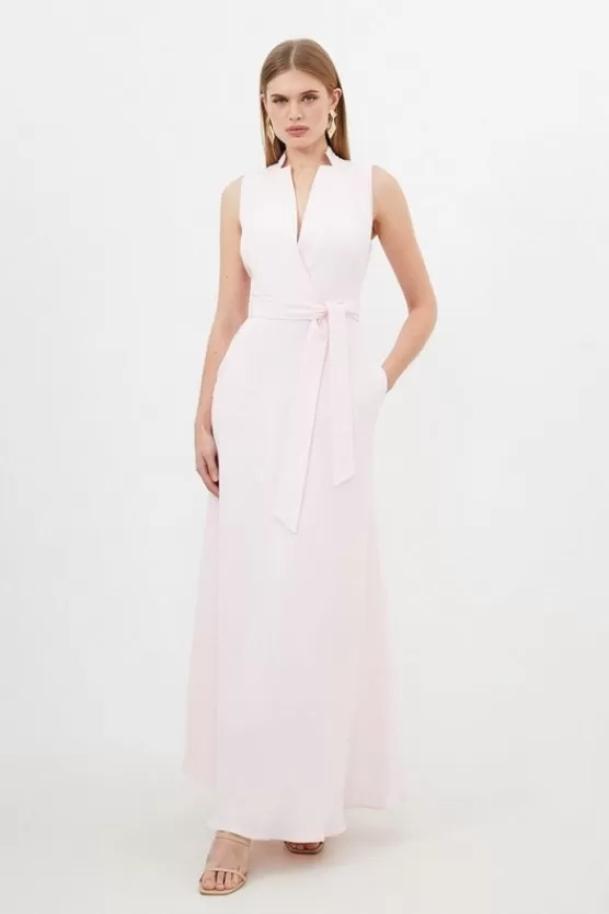 Store Karen Millen Premium Tailored Linen Notch Neck Belted Midaxi Dress blush