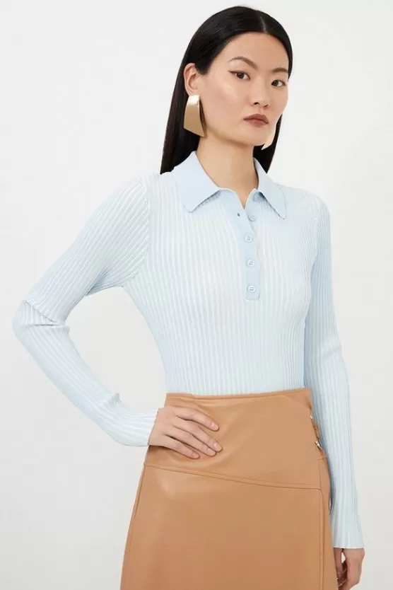 Best Karen Millen Premium Viscose Blend Plaited Knit Polo Top paleblue