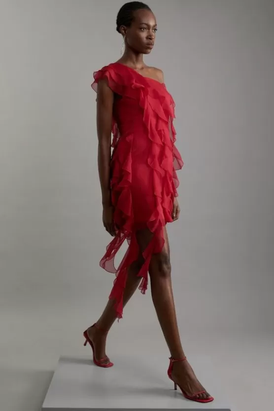 Best Karen Millen Premium Viscose Georgette Panelled Ruffle Detail Woven Midi Dress darkred