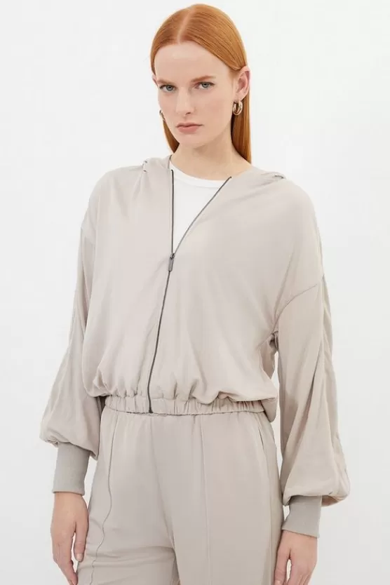 New Karen Millen Premium Viscose Jersey And Satin Hoodie stone