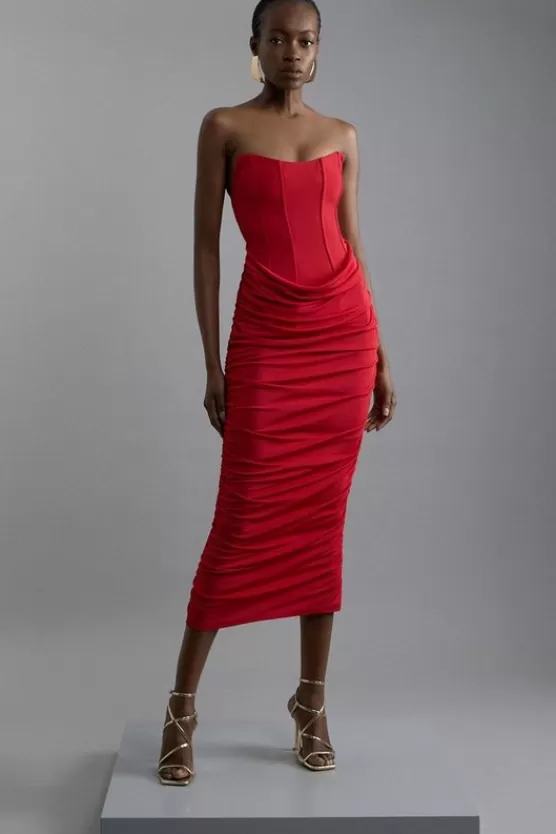 Outlet Karen Millen Premium Viscose Jersey Corset Midi Dress red