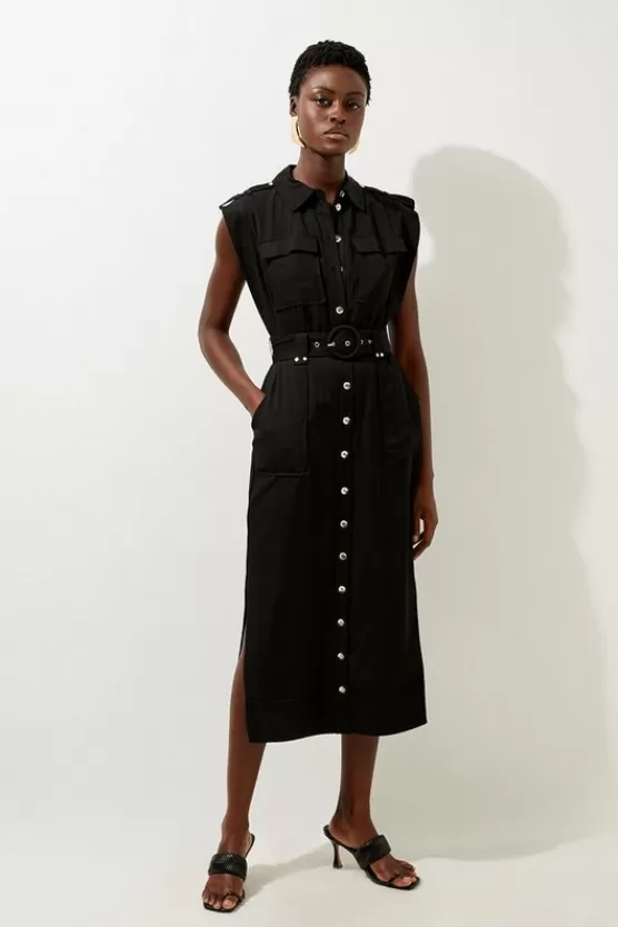 Best Karen Millen Premium Viscose Linen Woven Shirt Midi Dress black