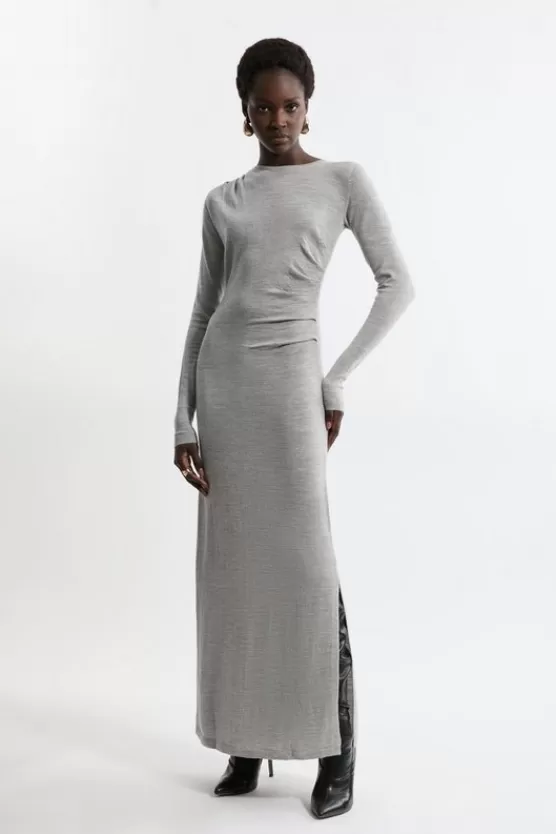 Shop Karen Millen Premium Yarn Collection - Extra Fine Merino Wool Maxi Knit Dress greymarl