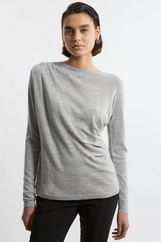 Fashion Karen Millen Premium Yarn Collection Extra Fine Merino Wool Draped Sweater greymarl