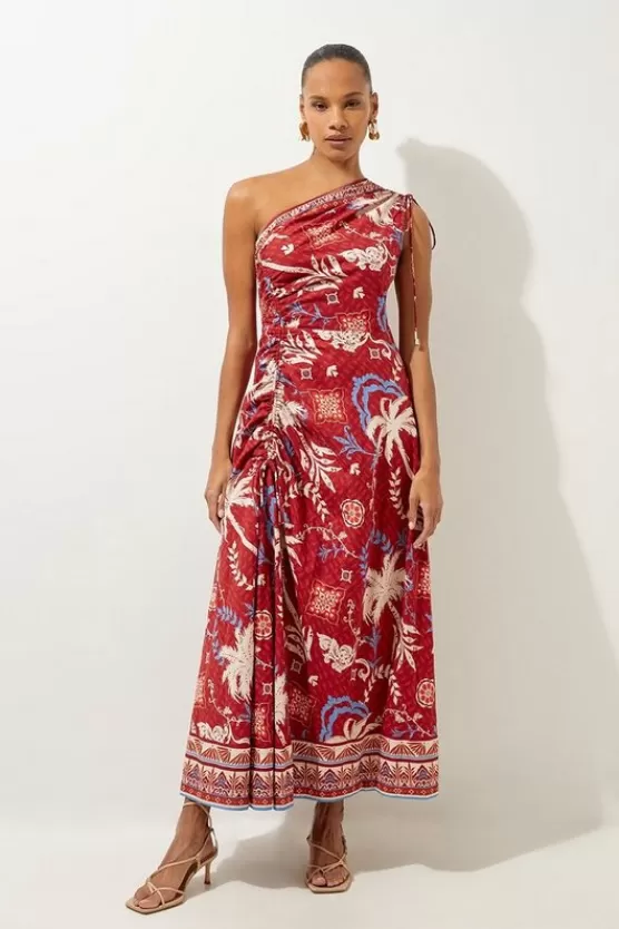 Fashion Karen Millen Printed Cotton Voile One Shoulder Midi Beach Dress rust