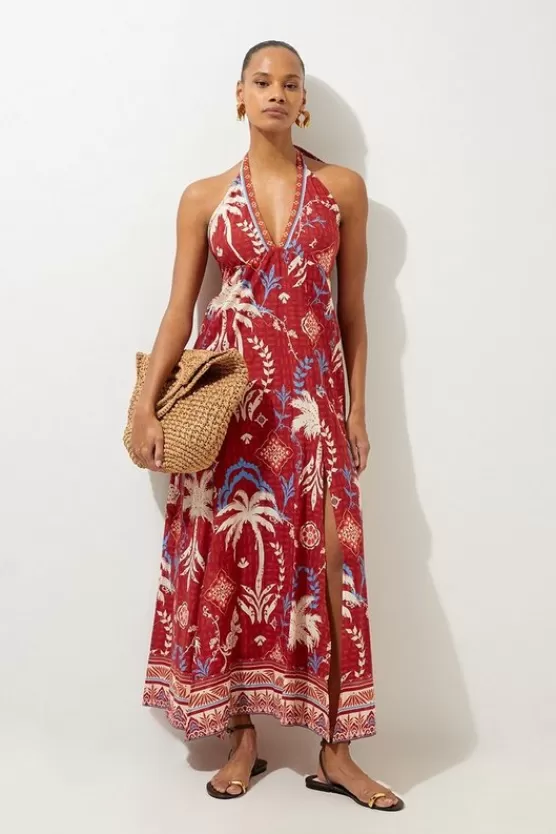 Discount Karen Millen Printed Cotton Voile Strappy Maxi Beach Dress rust