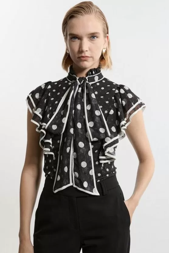 Online Karen Millen Printed Dobby Neck Tie Ruffle Blouse mono