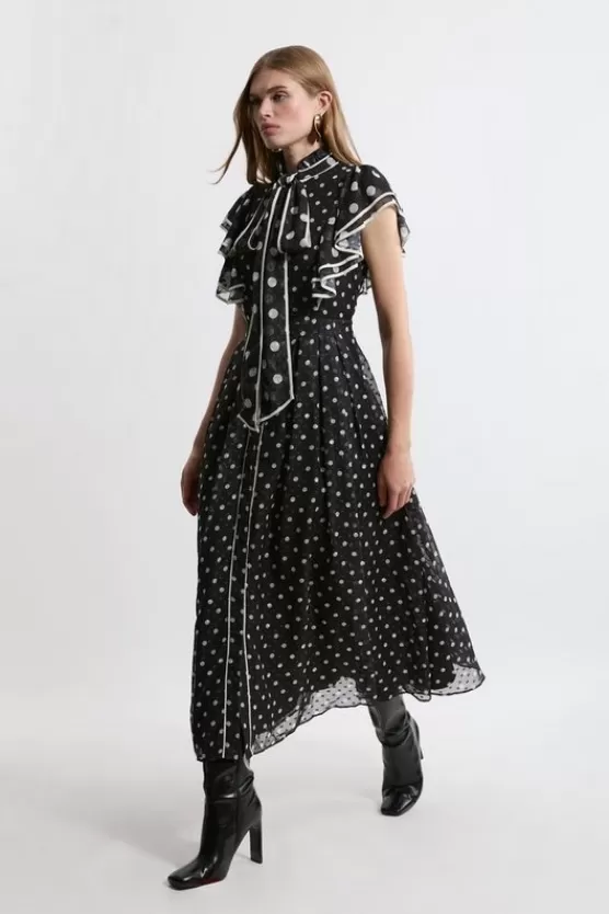 New Karen Millen Printed Dobby Ruffle Midi Dress mono