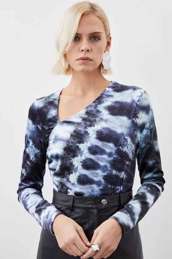 Cheap Karen Millen Printed Velvet Stretch Long Sleeve Bodysuit blue