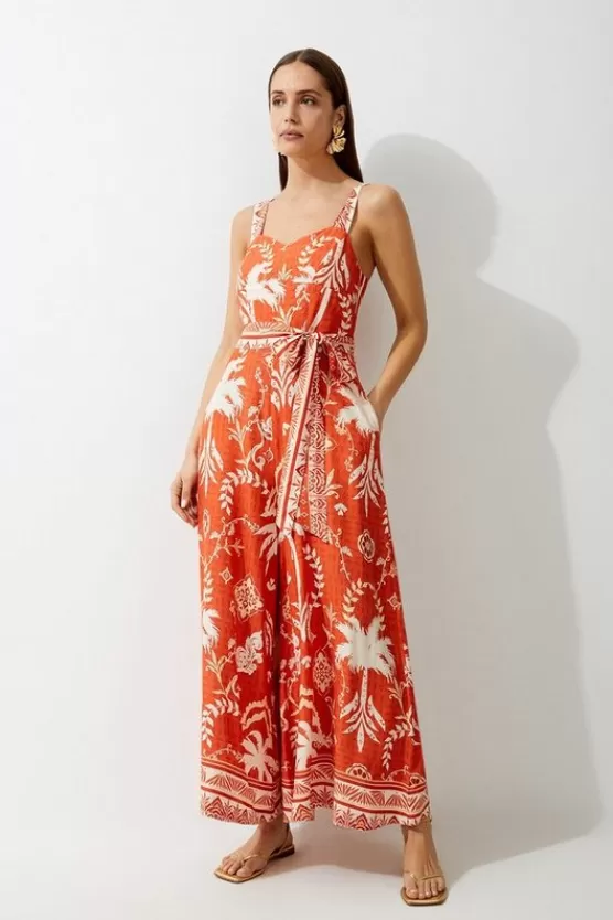 Discount Karen Millen Printed Viscose Woven Tie Waist Wide Leg Jumpsuit orange