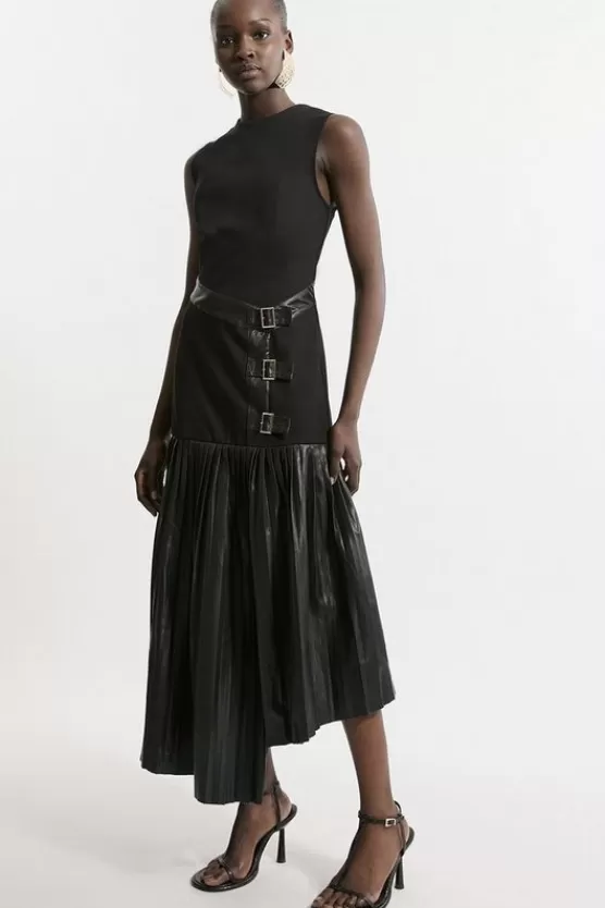 Discount Karen Millen Pu And Ponte Sleeveless Pleated Skirt Maxi Dress black