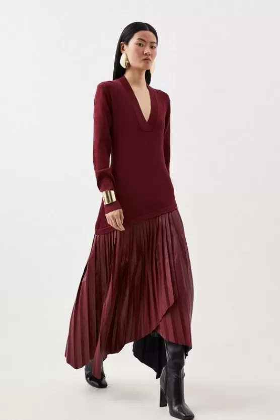 Outlet Karen Millen Pu Knit Belted Midi Dress burgundy